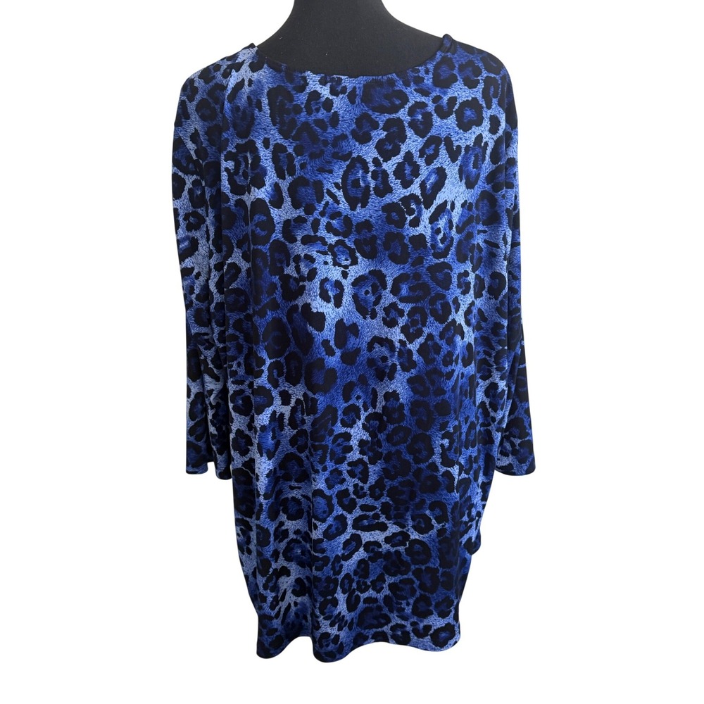 Susan Graver Blue Leopard Liquid Knit 3/4 Sleeve Tunic Top 3X Mob Wife - Picture 2 of 6